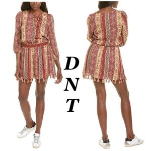 NEW DNT Smocked Waist Mini Dress. Tassel trim, tie neck, 3/4 sleeve, neutral